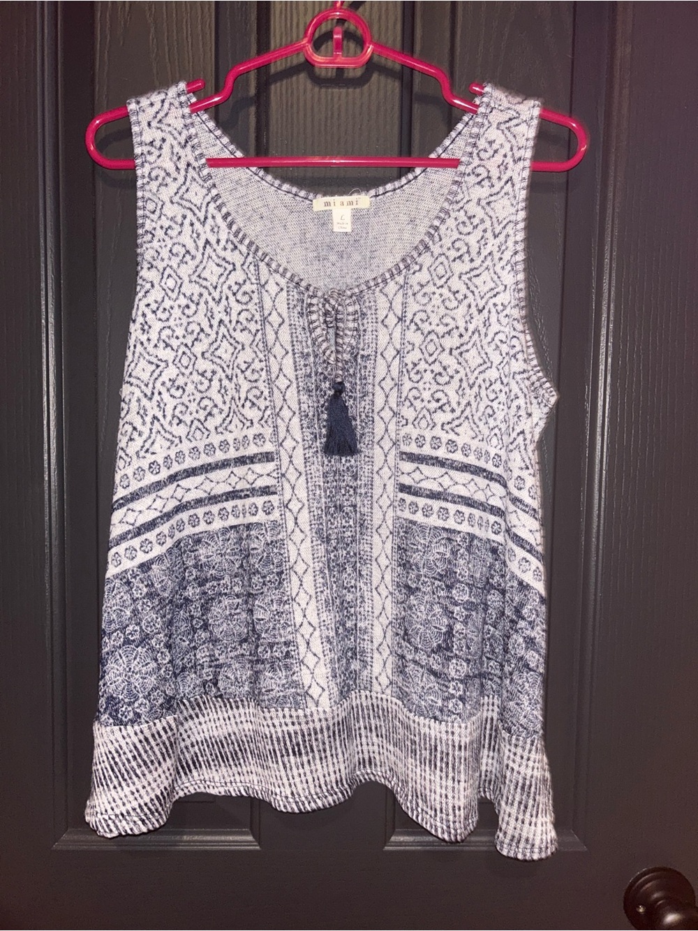 Miami Geometric Print V Neck Tassle Tie Tank Blue White Bohemian